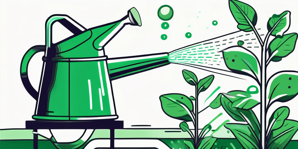A rocket-shaped watering can showering water over a vibrant patch of growing arugula