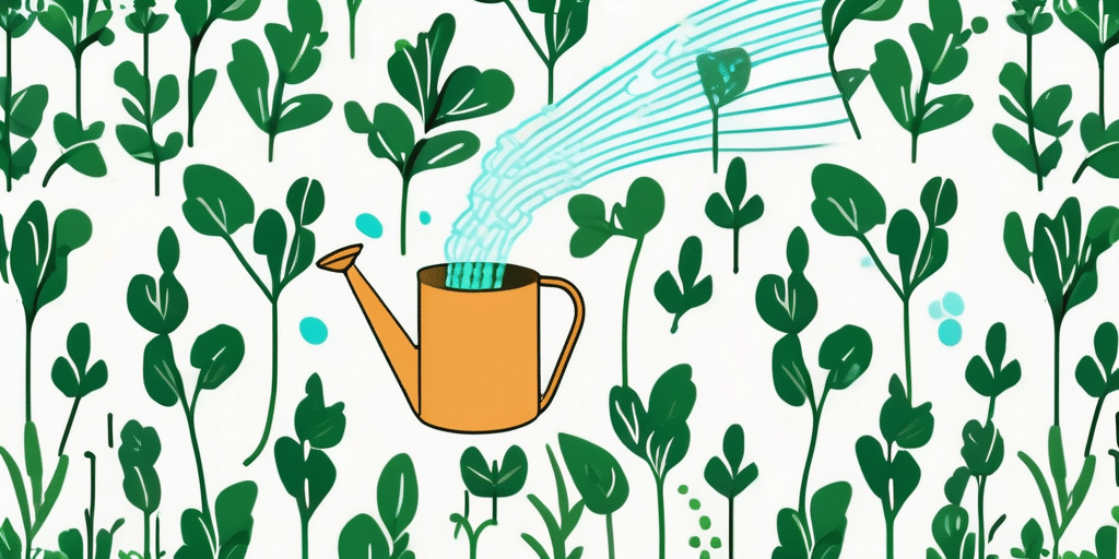A watering can gently sprinkling water onto a lush patch of sylvetta arugula plants