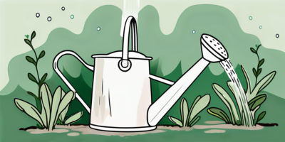 A watering can gently showering water over a patch of wild rocket arugula in a natural setting