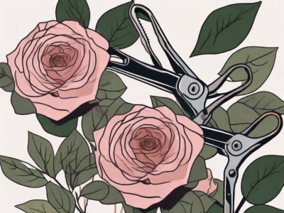 A pair of gardening shears snipping off a faded rose bloom in a lush garden