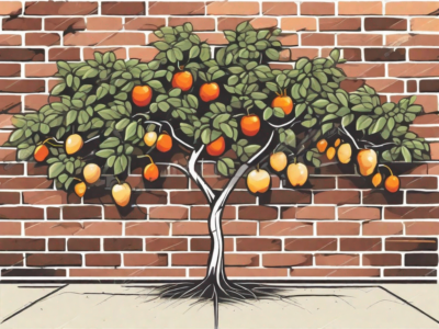 An espaliered fruit tree with branches trained flat against a brick wall