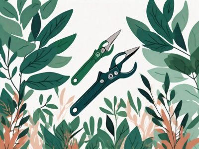 A pair of pruning shears cutting back a leafy
