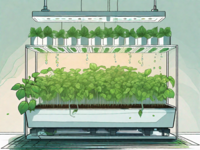 A vibrant hydroponic system with various types of plants growing in water-filled trays