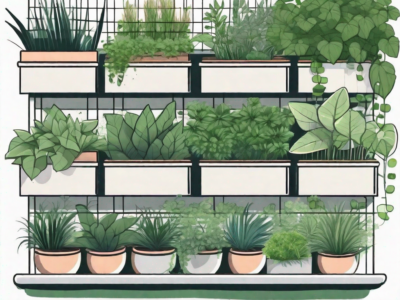 A lush vertical garden with various types of plants growing in stacked pots or shelves against a tall fence or wall