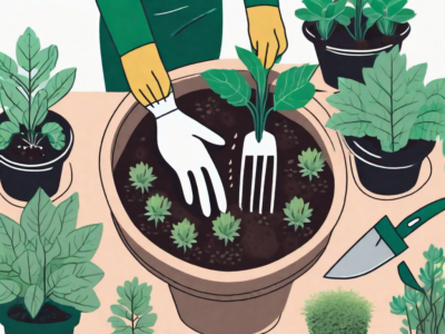 A variety of potted plants with a trowel and a pair of gardening gloves