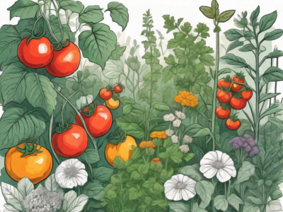 A diverse garden with various plants such as tomatoes