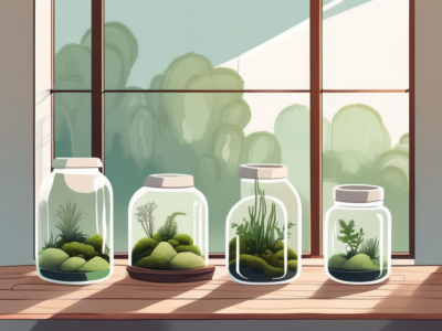 A serene indoor setting with a variety of moss growing in different containers such as terrariums