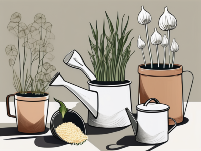 Several pots of different sizes with garlic plants at various stages of growth