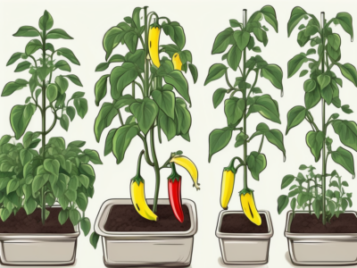 A healthy banana pepper plant in various stages of growth