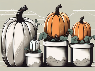 A variety of pumpkins growing in different sized containers
