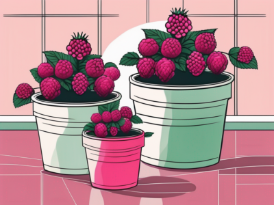 A few vibrant raspberry plants thriving in decorative pots