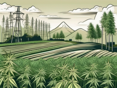 A lush hemp farm with various tools used for cultivation and care