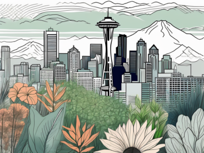 The seattle skyline with diverse plants in the foreground