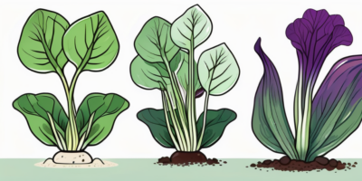 Purple bok choy plants in various stages of growth
