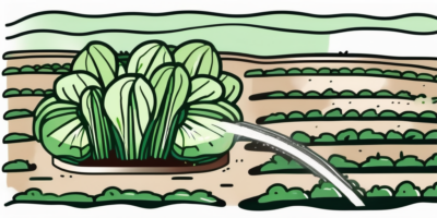 A garden sprinkler watering a patch of bok choy plants in a vegetable garden