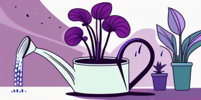 A purple bok choy plant being watered by a watering can