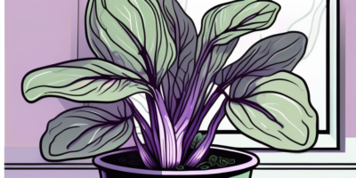 A vibrant purple bok choy plant growing in a well-lit indoor pot