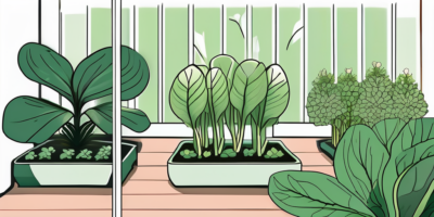 A garden scene featuring baby bok choy plants thriving among their companion plants