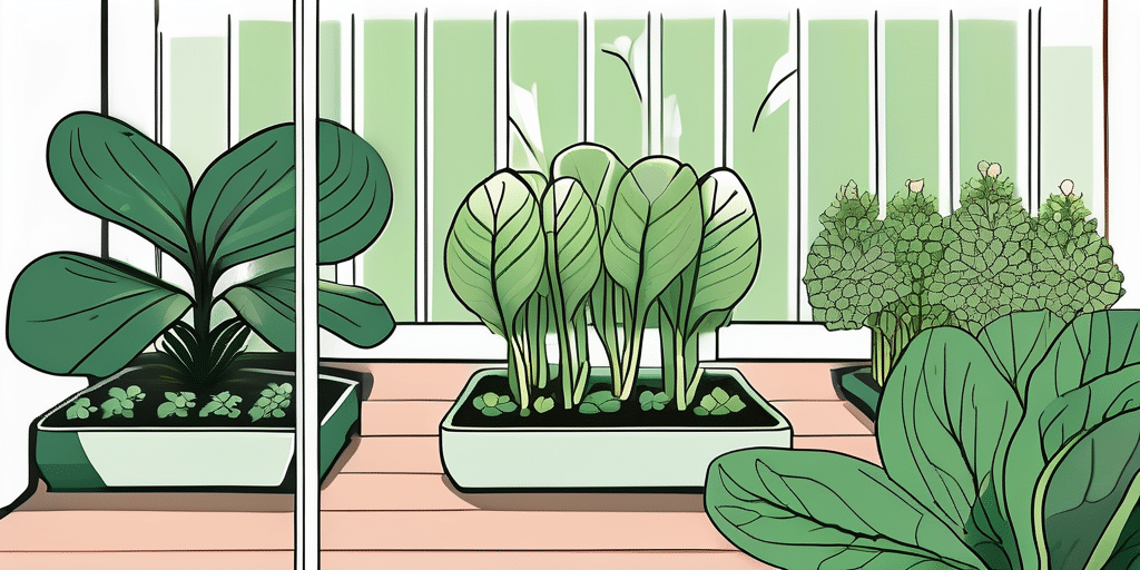 A garden scene featuring baby bok choy plants thriving among their companion plants