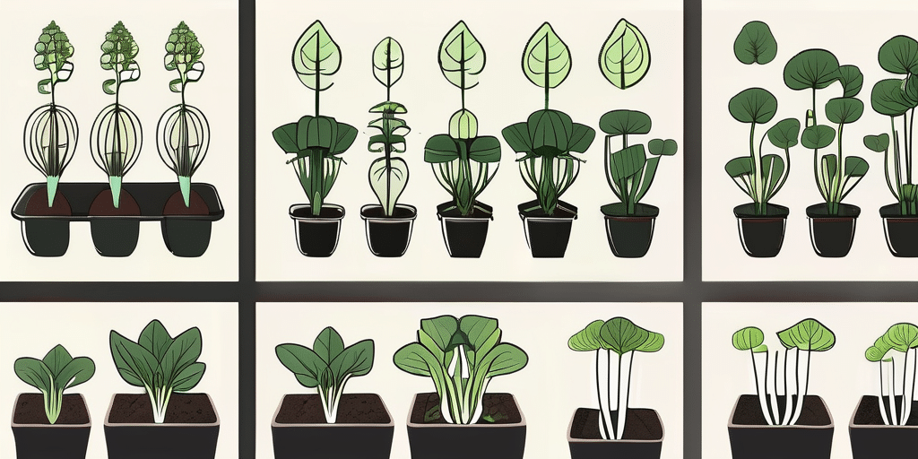 Several stages of baby bok choy growth in a garden