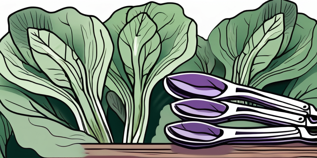 Mature purple bok choy in a garden setting with a pair of gardening shears nearby
