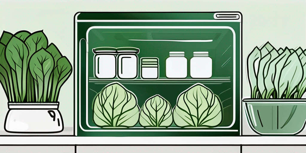 Fresh baby bok choy being stored in a glass container in a refrigerator