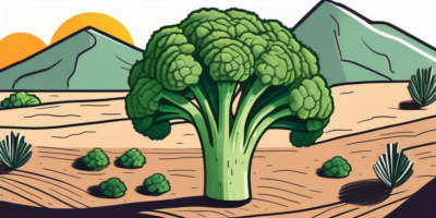 A vibrant broccoli plant thriving in a desert landscape