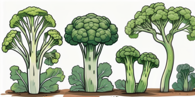 A broccoli plant in various stages of growth