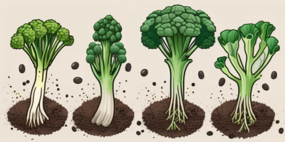 Sprouting broccoli seeds progressing through various stages of growth in a well-kept garden bed