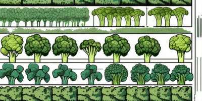 Different stages of broccoli growth with marked spacing between each plant and a patterned layout in a garden plot