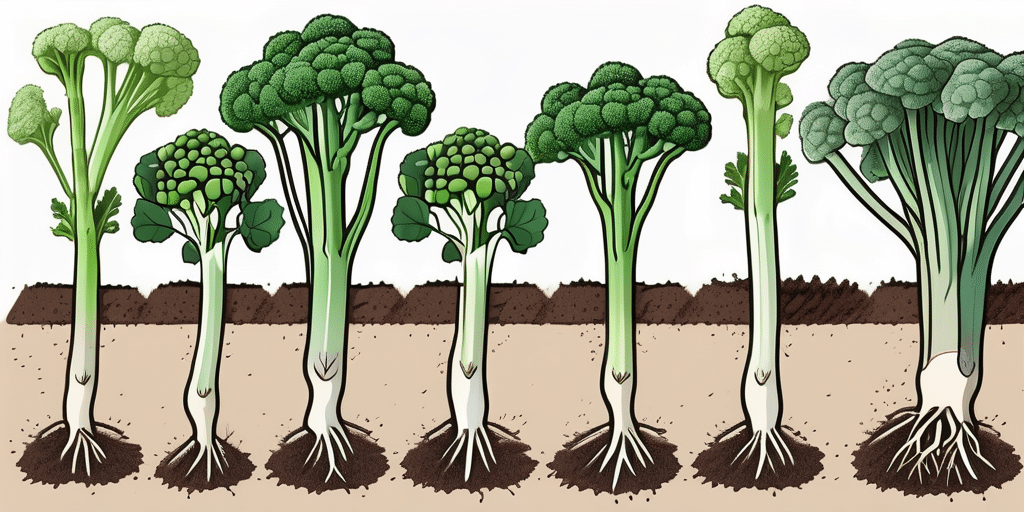 Sprouting broccoli plants in various stages of growth