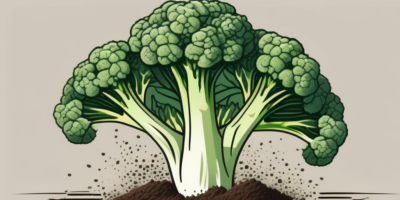 A broccoli plant with visible roots in nutrient-rich soil