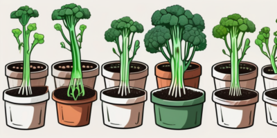 Sprouting broccoli growing in a variety of containers and pots