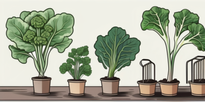 Chinese broccoli plants at different stages of growth with a focus on the mature stage