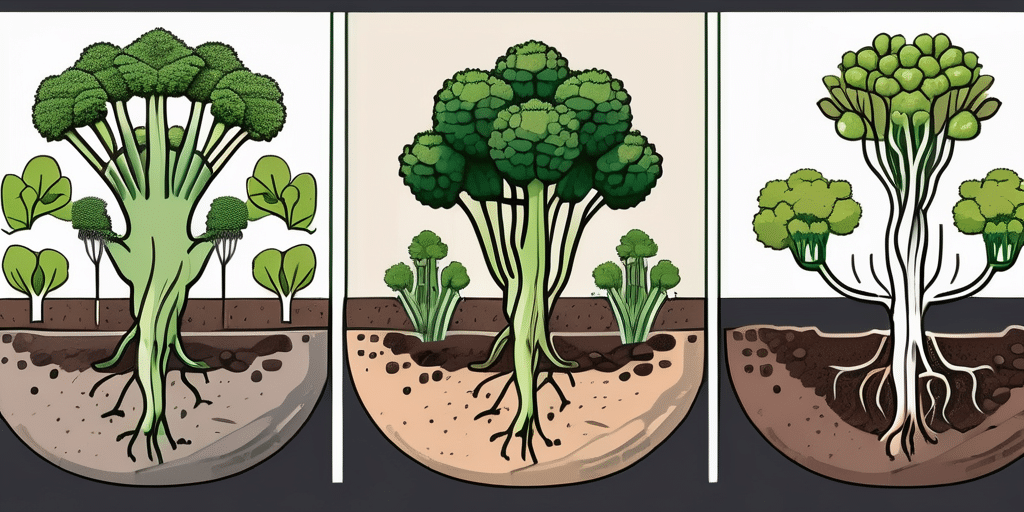 Sprouting broccoli plants in different stages of growth