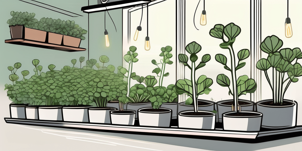 A well-lit indoor setting with a pot of thriving catskill brussels sprouts