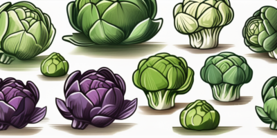 Several different varieties of brussels sprouts in a garden setting