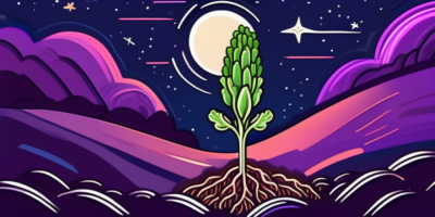 A vibrant cosmic purple carrot sprouting from the soil under a starry night sky