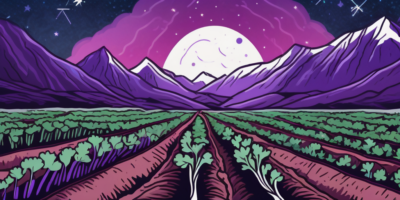 Vibrant purple carrots sprouting from the soil against a backdrop of colorado's mountainous landscape