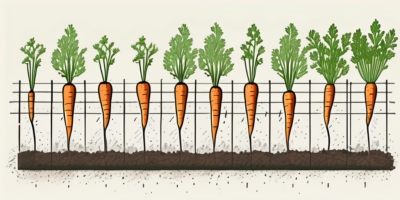 A garden plot with various patterns of carrot seedlings and markers indicating different spacing between them