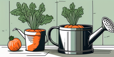 A few vibrant orange carrots growing in a well-lit indoor pot with a small watering can nearby